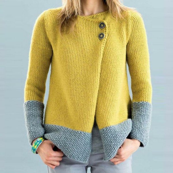 Dark Yellow and Gray Button Front Long Sleeve Sweater