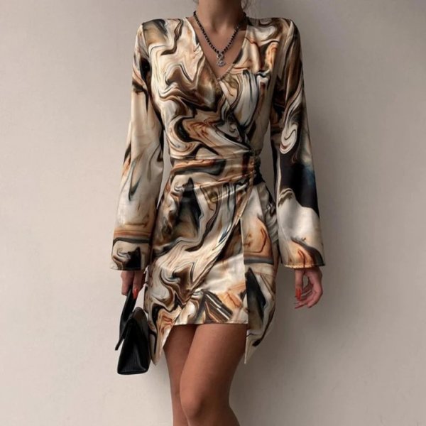 Neutral Swirl V-Neck Wrapfront Bodycon Mini Dress