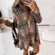 Uneven Hem V-Neck Plaid Shirt Mini Dress