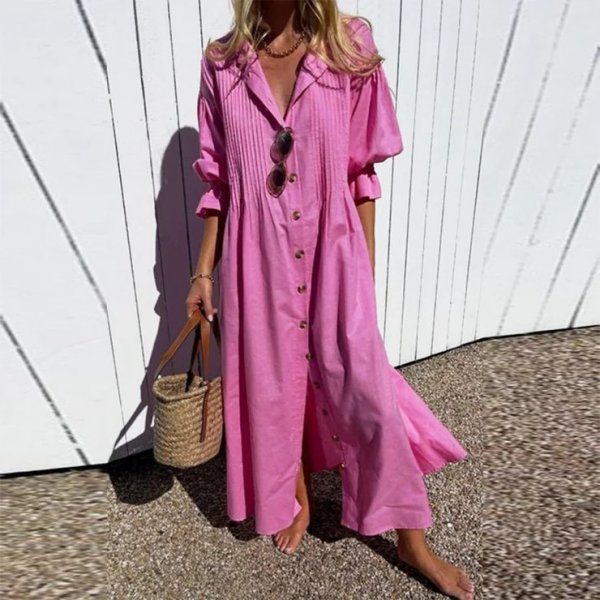 Pink Puff Sleeve Button Front Blouse Maxi Dress