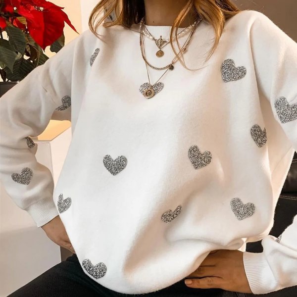 Silver Heart Print Long-Sleeved Round Neck Sweater