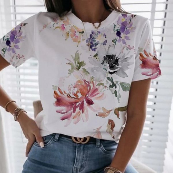 Watercolor Floral Print Splash Short Sleeve White Top