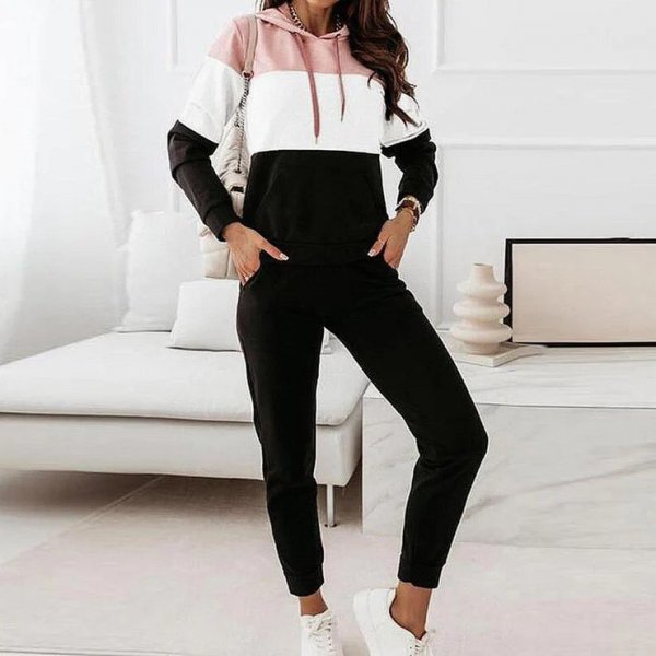 Modern Hoodie Color Block Print Two Piece Set