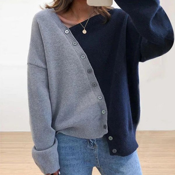 Asymmetrical Color Block Button Sweater