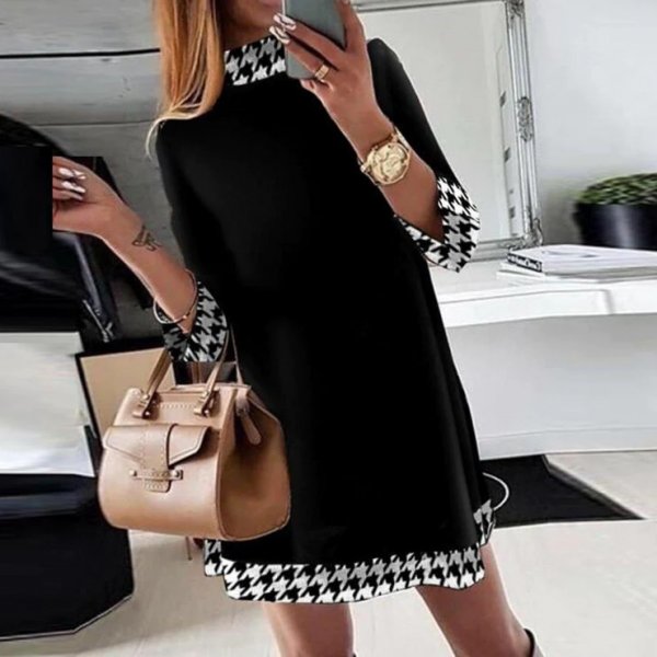 Vintage High Neck Houndstooth Print Mini Dress