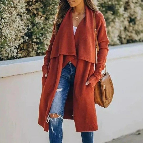 Temperament Open Front Plain Red Cardigan