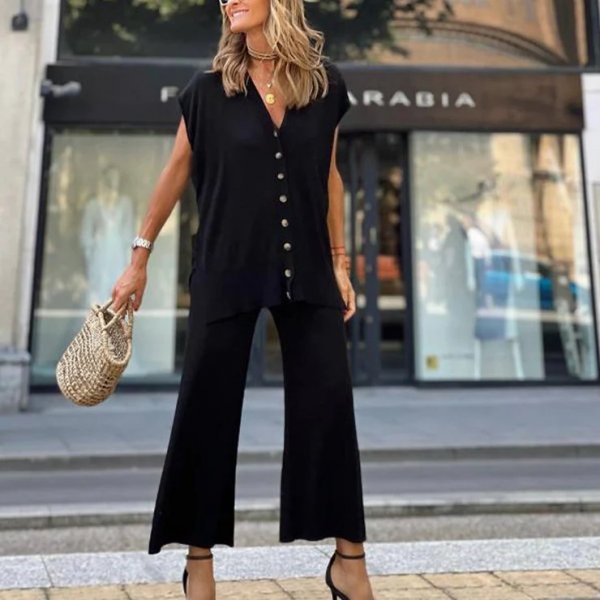 Unique Plain Black Short Sleeve Two Piece Set